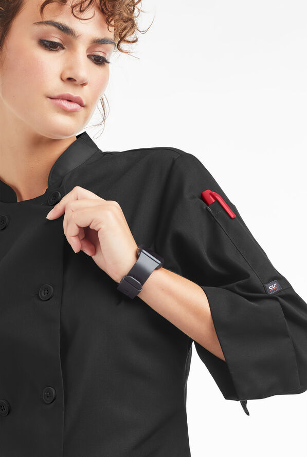 LIGHTWEIGHT Women's 3/4 Sleeve w/ Plastic Buttons Chef Coat - Black - 3