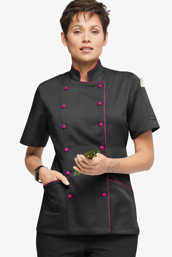 Chaqueta manga corta de chef Chef Uniforms con 3 bolsillos para mujer - Black/Hot Pink - 1