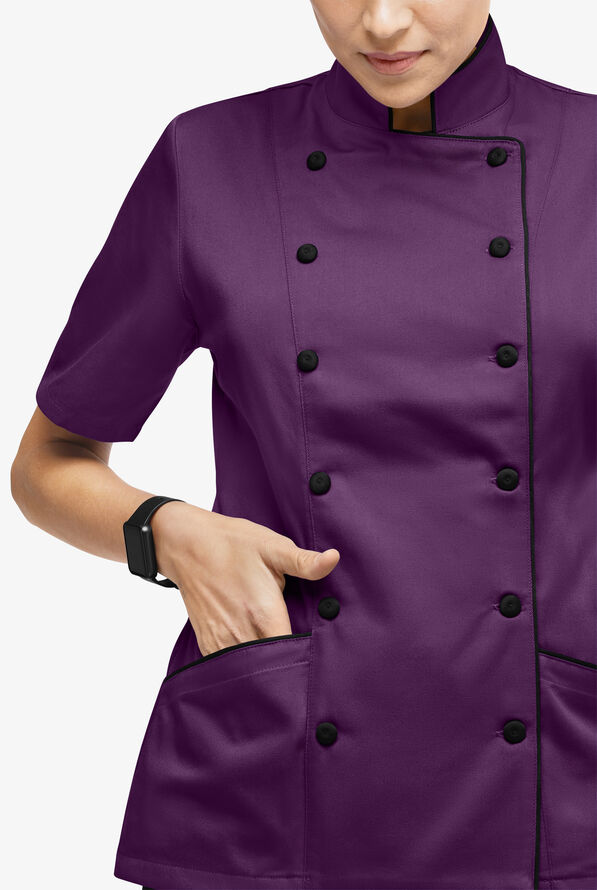 Chef Uniforms Women's 3-Pocket Short Sleeve Executive Chef Coat - Eggplant/Black - 4