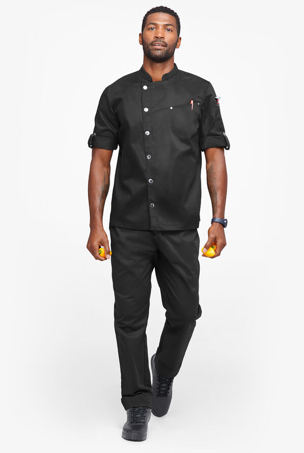 Industry Line Men's 2-Pocket Roll Sleeve with Tech Mesh Back Panel Asymmetrical Executive Chef Coat - Black - 4