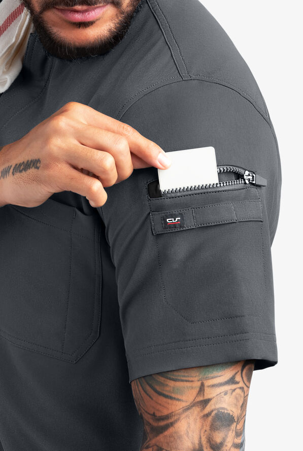 CHEF PERFORMANCE Men's 3-Pocket Zipper Closure STRETCH Chef Coat - Pewter/Black - 4