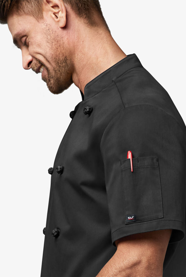 Chef Uniforms Men's Short Sleeve Knotted Button Executive Chef Coat - Black - 2