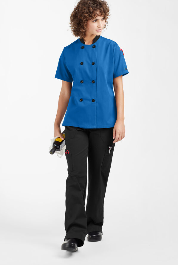 LIGHTWEIGHT Women's 1-Pocket Short Sleeve Double Breasted Chef Coat - Royal/Black - 4