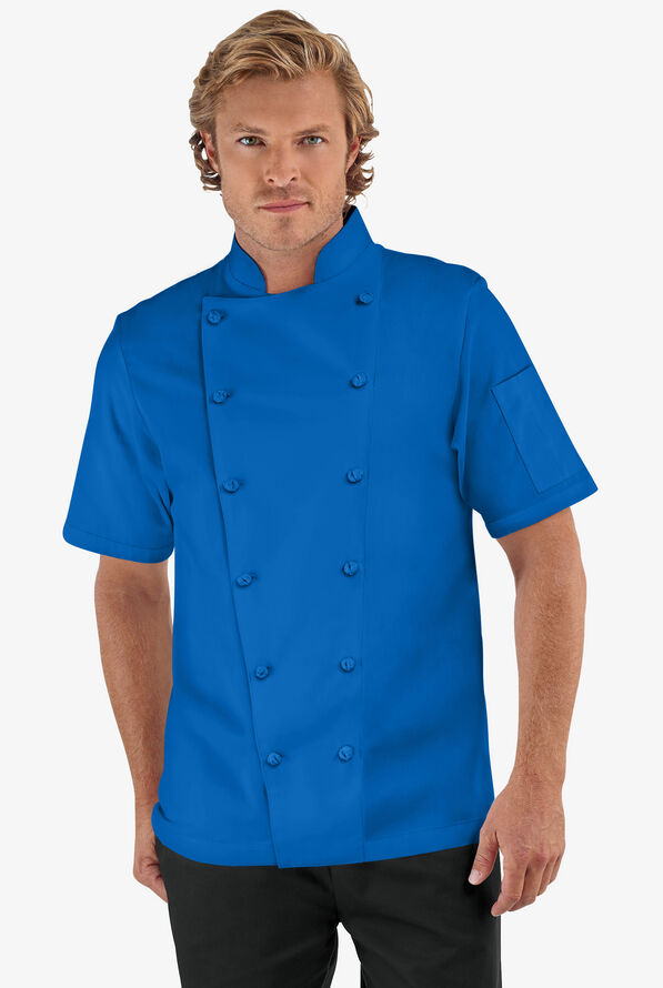 Chaqueta manga corta de gastronomía de corte clásico con 1 bolsillo y botones de tela anudada para hombre - Ocean Blue - 1