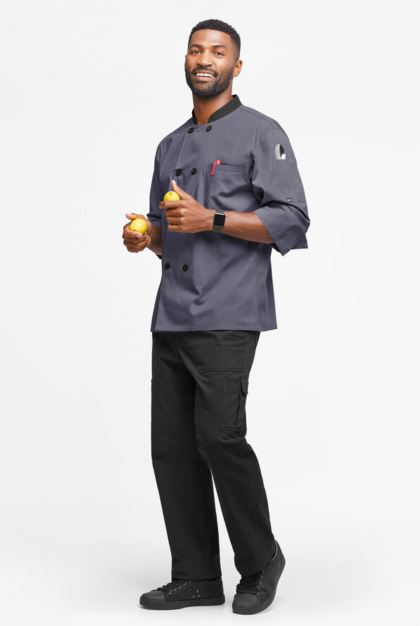 LIGHTWEIGHT Men's 2-Pocket 3/4 Sleeve w/ Plastic Buttons Chef Coat - Granite/Black - 4