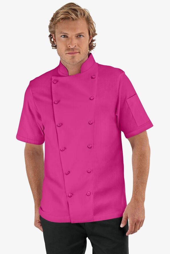 Chaqueta manga corta de gastronomía de corte clásico con 1 bolsillo y botones de tela anudada para hombre - Hot Pink - 1