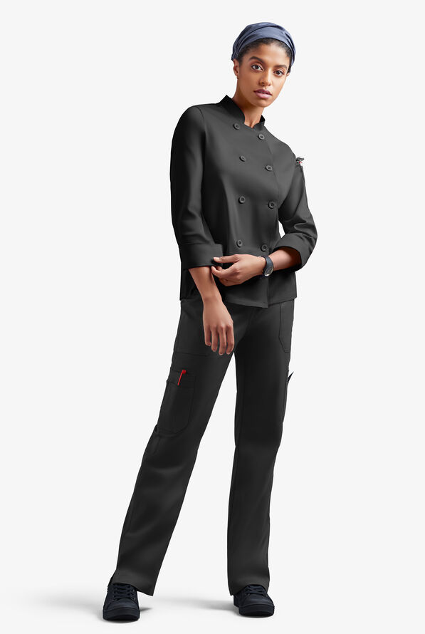 CHEF 360 Women's 1-Pocket Long Sleeve Reversible Double Breasted STRETCH Executive Chef Coat - Black - 4