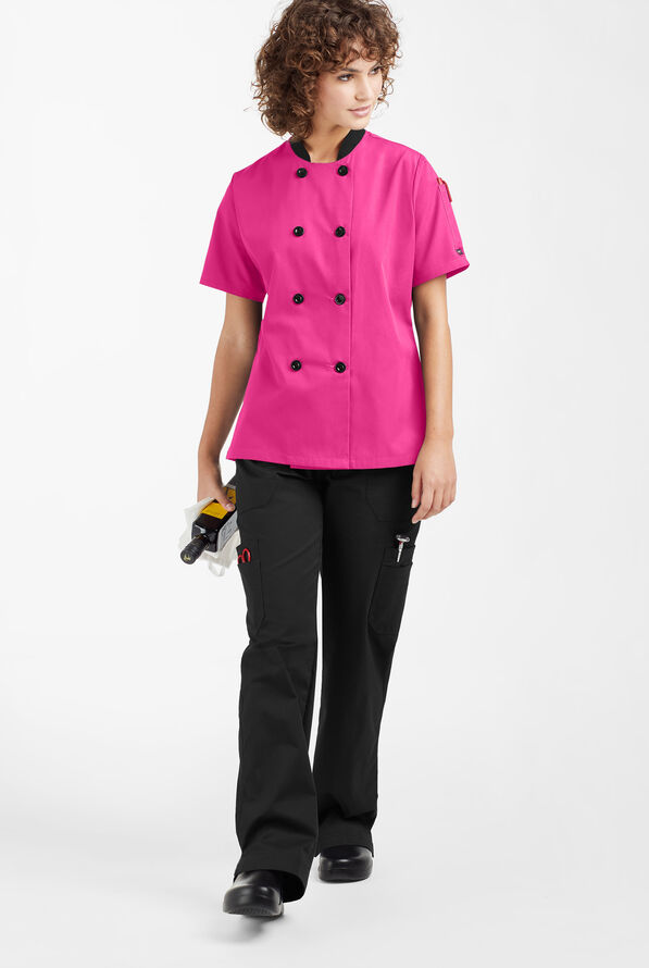 LIGHTWEIGHT Women's 1-Pocket Short Sleeve Double Breasted Chef Coat - Fuchsia/Black - 4