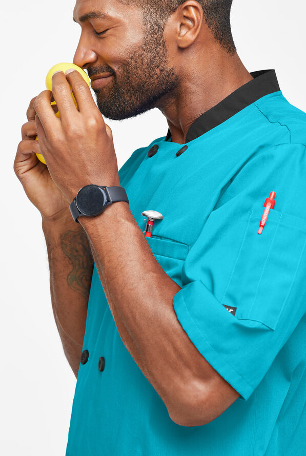 LIGHTWEIGHT Men's Double Breasted w/ Plastic Buttons Chef Coat - Turquoise/Black - 3