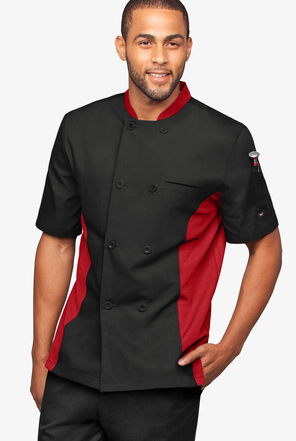 Chaqueta manga corta de gastronomía con 2 bolsillos y paneles de malla para hombre - Black/Red/Red - 1
