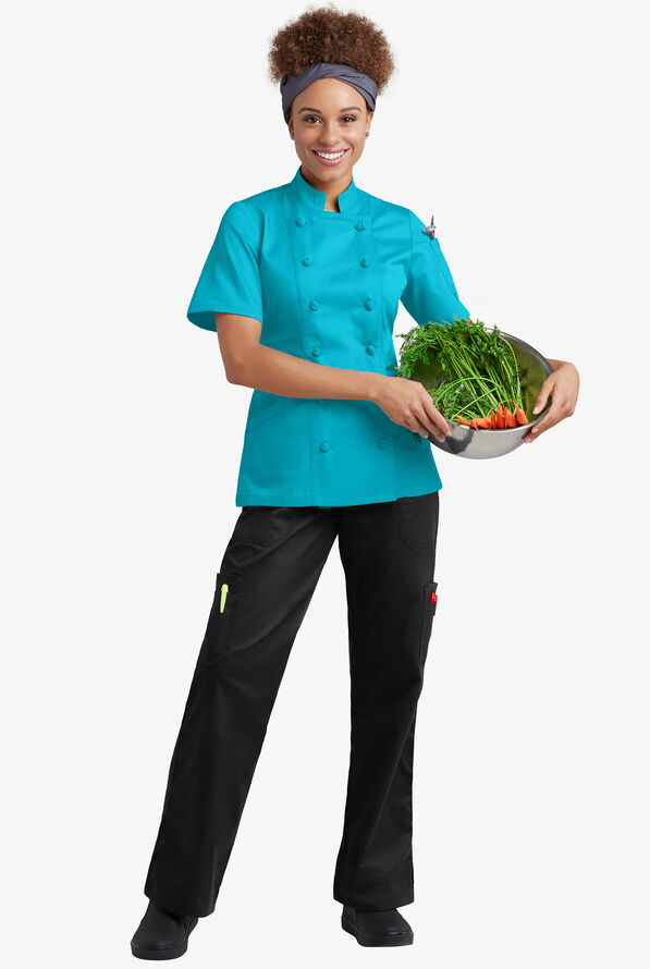 Chef Uniforms Women's 3-Pocket Short Sleeve Knotted Button Executive Chef Coat - Turquoise - 4