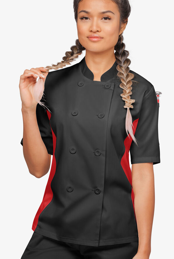 LIGHTWEIGHT Women's Short Sleeve 1-Pocket Tech Mesh Side Panel Chef Coat - Black/Red - 4
