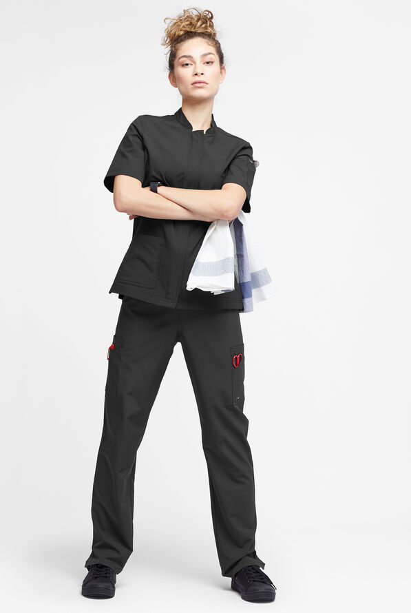 CHEF PERFORMANCE Women's 4-Pocket STRETCH Zipper Closure Chef Coat - Black/Pewter - 4