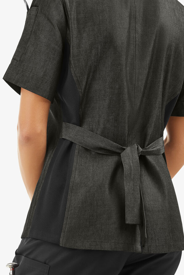 Industry Line Women's 3-Pocket Short Sleeve w/ Tech Mesh Side Panels Chambray Chef Coat - Black - 2