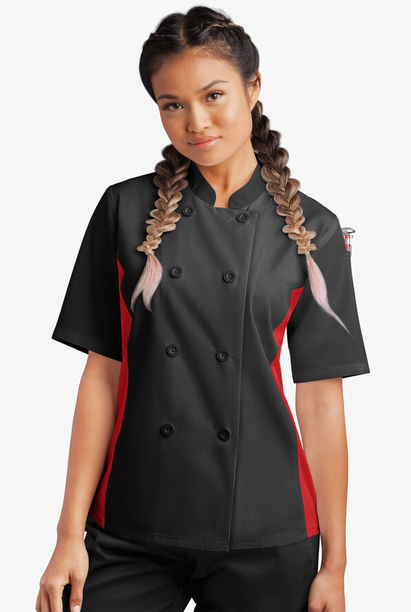 Chaqueta de gastronomía con mangas cortas y paneles de malla para mujer - Black/Red - 1