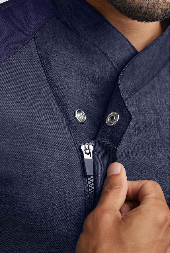 Industry Line Men's 5-Pocket Short Sleeve w/Tech Mesh Panels Chambray Executive Chef Coat - Blue Chambray/Navy - 3