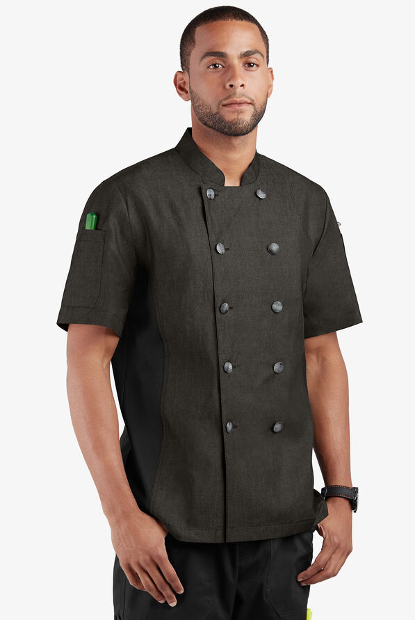 Industry Line Men's 2-Pocket Short Sleeve w/Tech Mesh Side Panels Chambray Chef Coat - Black - 1