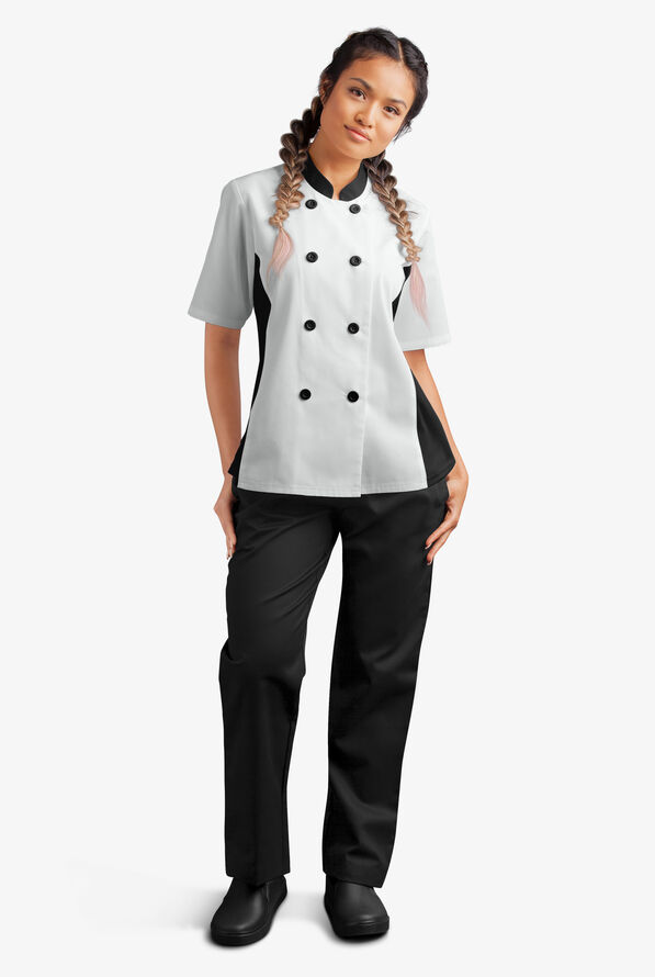 LIGHTWEIGHT Women's Short Sleeve 1-Pocket Tech Mesh Side Panel Chef Coat - White/Black - 5