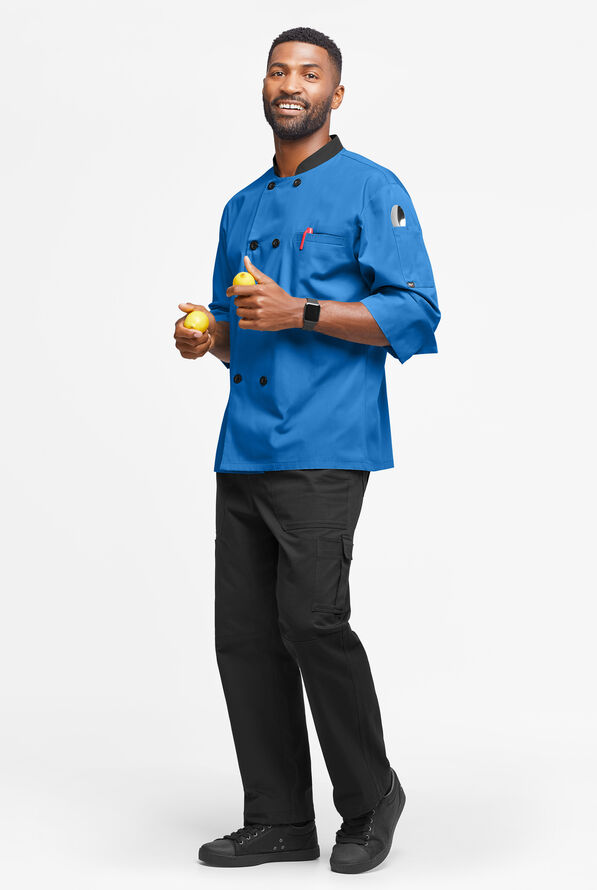 LIGHTWEIGHT Men's 2-Pocket 3/4 Sleeve w/ Plastic Buttons Chef Coat - Royal/Black - 4