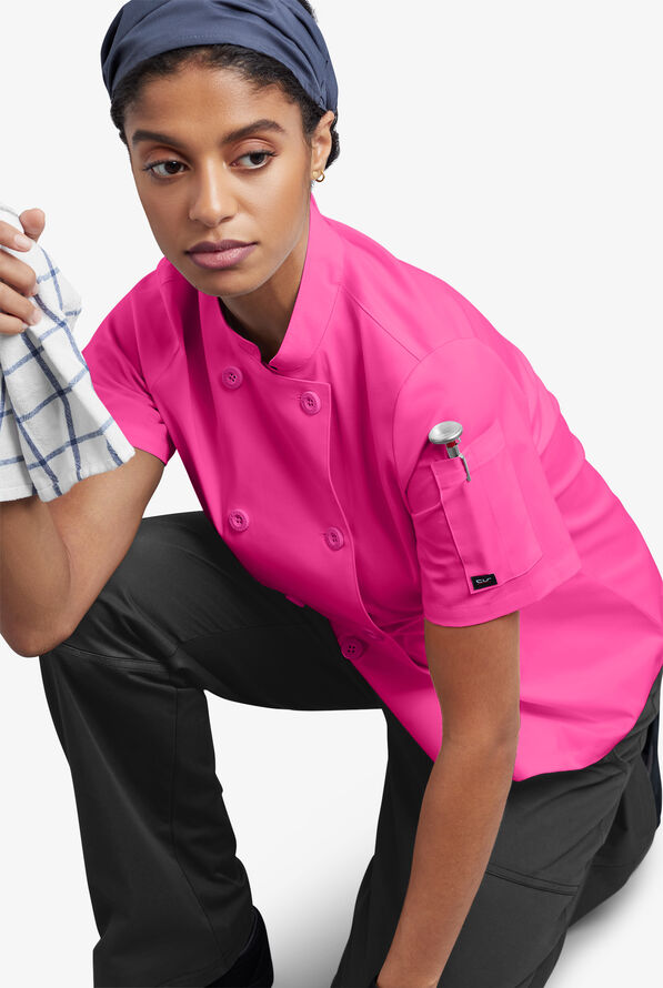 CHEF 360 Women's 1-Pocket Short Sleeve Reversible Double Breasted STRETCH Executive Chef Coat - Fuchsia - 7