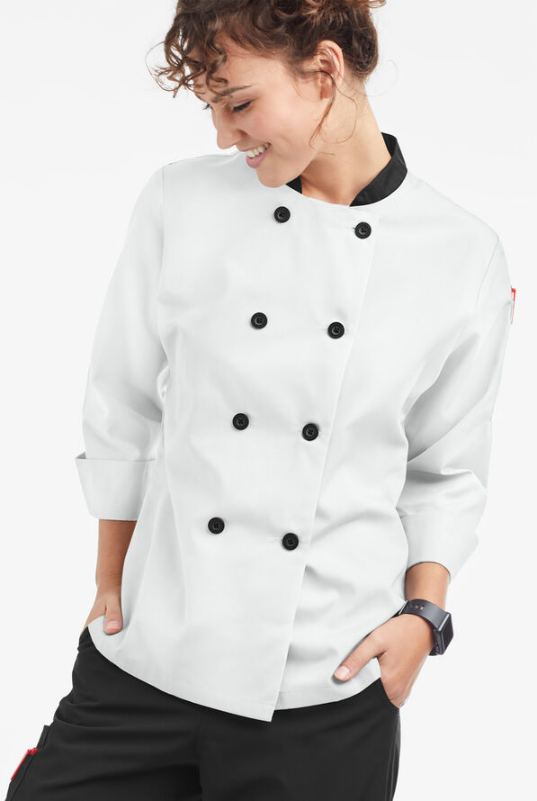 Chaqueta de gastronomía con mangas 3/4 y botones de plástico para mujer - White/Black - 1