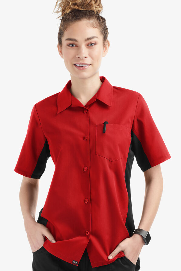 Camisa manga corta de gastronomía Versa de 65/35 poliéster/algodón con botones y 1 bolsillo para mujer - Red/Black - 1