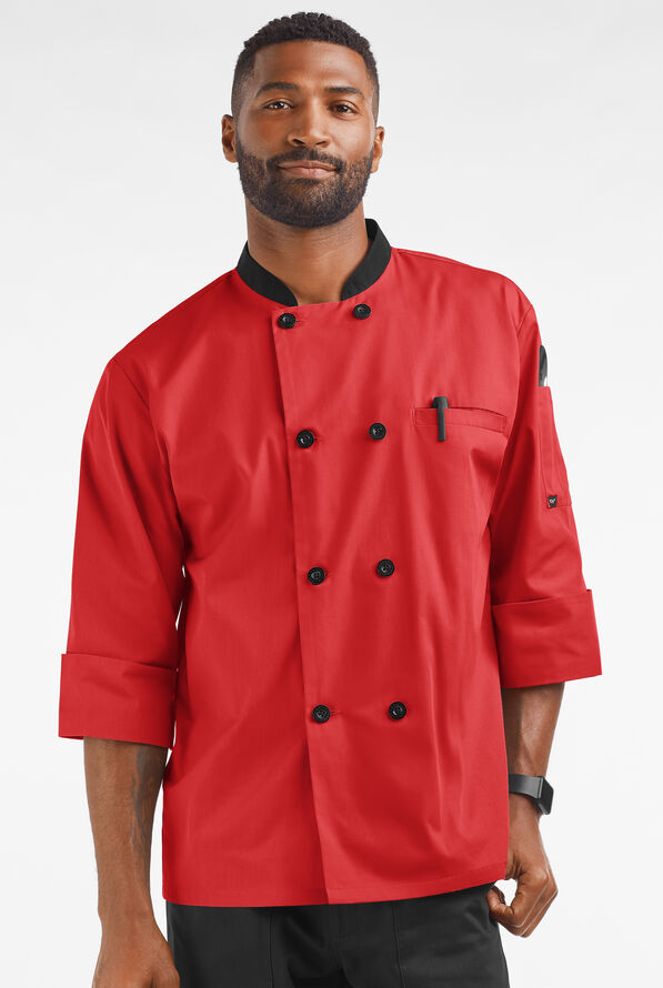 Chaqueta manga 3/4 de gastronomía con 2 bolsillos y botones de plástico para hombre - Red/Black - 1