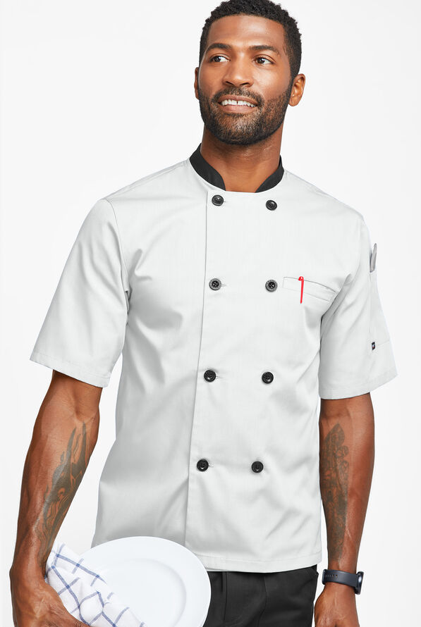 Chaqueta de chef liviana con doble abotonadura y botones de plástico para hombre - White/Black - 1