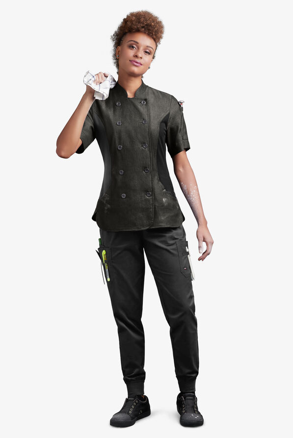 Industry Line Women's 3-Pocket Short Sleeve Chambray w/Tech Mesh Panels Executive Chef Coat - Black - 4