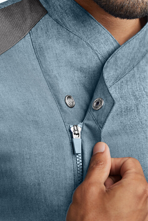 Industry Line Men's 5-Pocket Short Sleeve w/Tech Mesh Panels Chambray Executive Chef Coat - Light Blue Chambray/Pebble Grey - 3