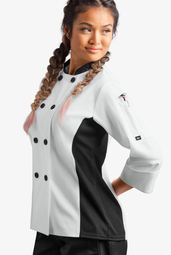LIGHTWEIGHT  Women's 1-Pocket 3/4 Sleeve Tech Mesh Side Panel Chef Coat - White/Black - 5
