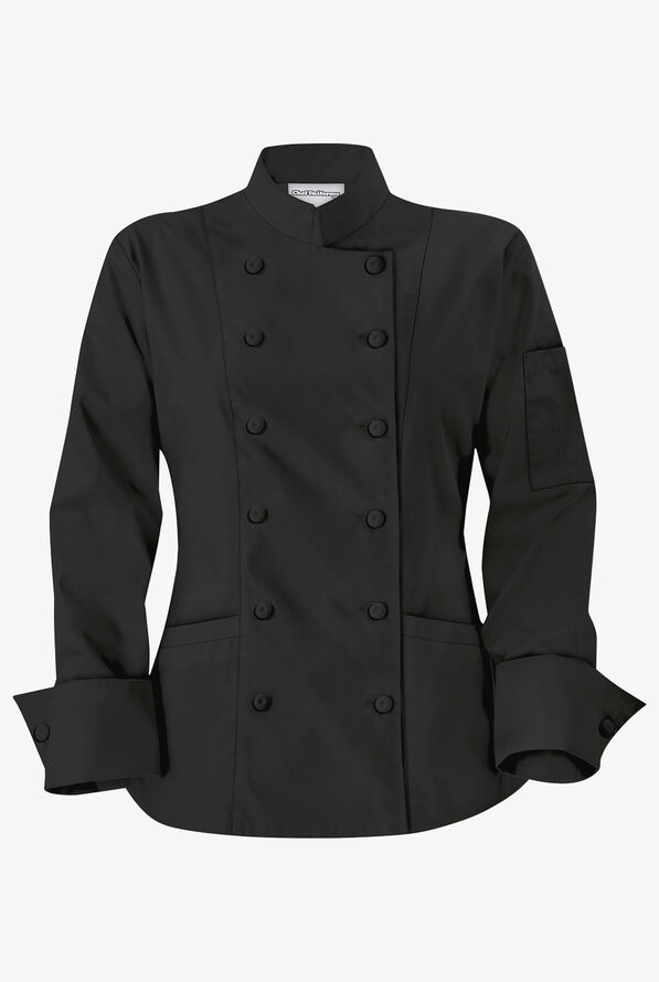 Chef Uniforms Women's 1-Pocket Long Sleeve w/Fabric Covered Buttons Chef Coat - Black - 3