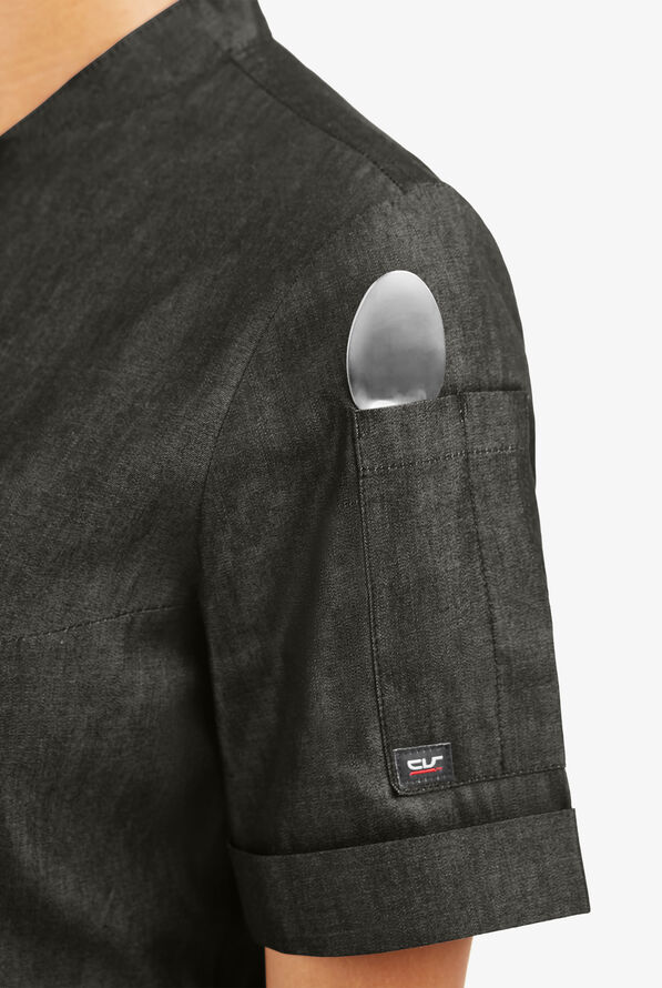 Industry Line Women's 3-Pocket Short Sleeve w/ Tech Mesh Side Panels Chambray Chef Coat - Black - 6