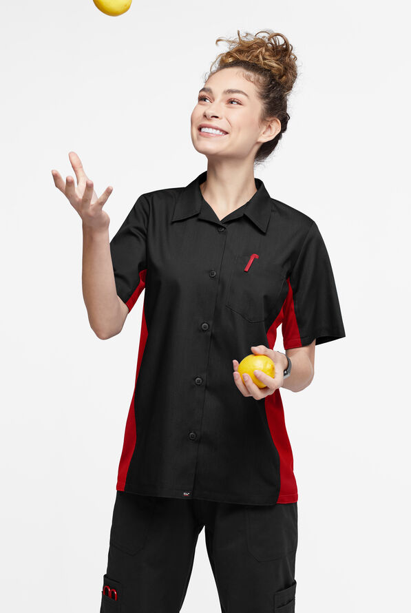 LIGHTWEIGHT Versa  Women's 1-Pocket Button Front Closure Short Sleeve Kitchen Shirt - Black/Red - 4