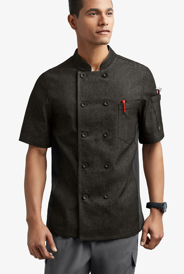 Chaqueta manga corta de gastronomía Industry Line de tela vaquera con doble abotonadura y paneles de malla para hombre - Black Denim/Black - 1