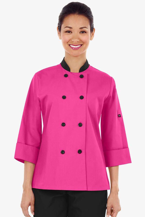Chaqueta de gastronomía con mangas 3/4 y botones de plástico para mujer - Fuchsia/Black - 1