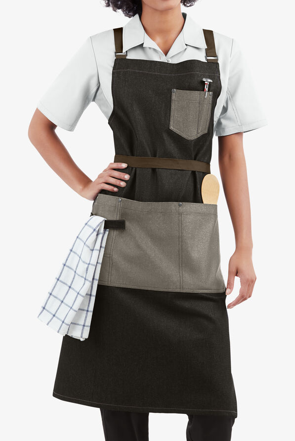 Delantal unisex de chef con pechera Industry Line de tela vaquera con correas cruzadas traseras y 5 bolsillos - Black Denim/Natural Denim - 1