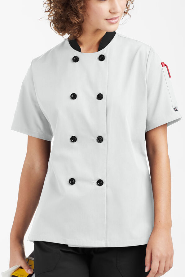 LIGHTWEIGHT Women's 1-Pocket Short Sleeve Double Breasted Chef Coat - White/Black - 5