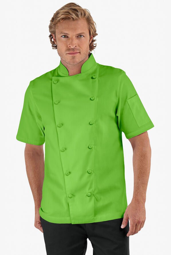 Chaqueta manga corta de gastronomía de corte clásico con 1 bolsillo y botones de tela anudada para hombre - Apple Green - 1