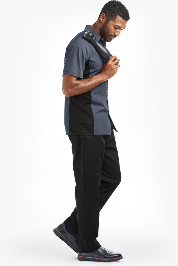 LIGHTWEIGHT Versa  Men's 1-Pocket Button Front Closure Short Sleeve Kitchen Shirt - Granite/Black - 4