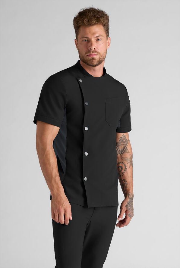 CHEF PERFORMANCE Men's Recycled Performance 3 - Pocket Asymmetrical Chef Coat - Black/Pewter - 1