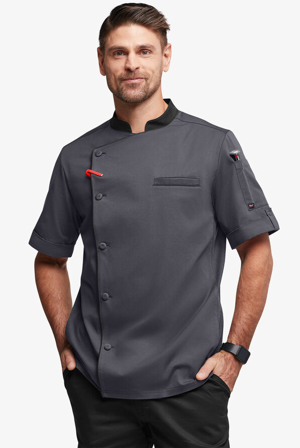 Chef Uniforms Men's Mesh Side Panel Asymmetrical Executive Chef Coat - Pewter/Black - 1