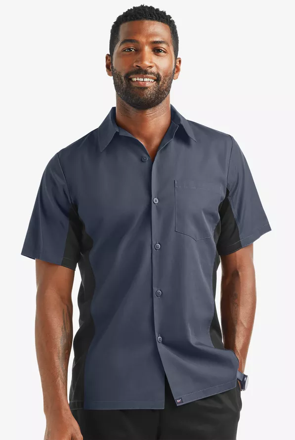 Chef Uniforms LIGHTWEIGHT Versa Men's 1-Pocket Button Front Closure Short Sleeve Kitchen Shirt in Granite/Black | Size XL | Polyester/Cotton Chef Uniforms LIGHTWEIGHT Versa Men's 1-Pocket Button Front Closure Short Sleeve Kitchen Shirt in Granite/Black | Size XL | Polyester/Cotton