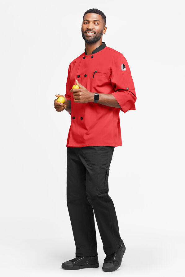 LIGHTWEIGHT Men's 2-Pocket 3/4 Sleeve w/ Plastic Buttons Chef Coat - Red/Black - 4
