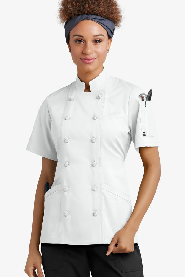 Chaqueta manga corta de gastronomía con 3 bolsillos y botones de tela anudada para mujer - White - 1