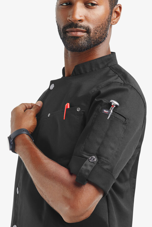 Industry Line Men's 2-Pocket Roll Sleeve with Tech Mesh Back Panel Asymmetrical Executive Chef Coat - Black - 3
