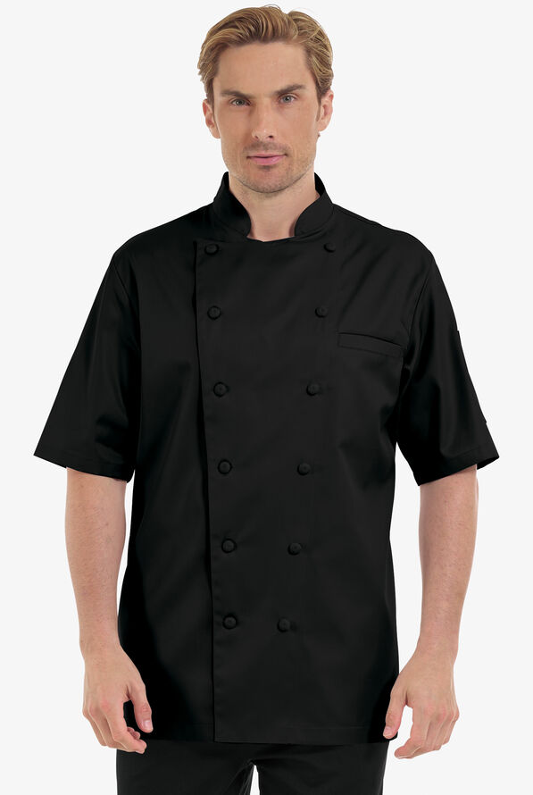 100% Egyptian Cotton Men's 2-Pocket Short Sleeve Traditional Chef Coat - Black - 1