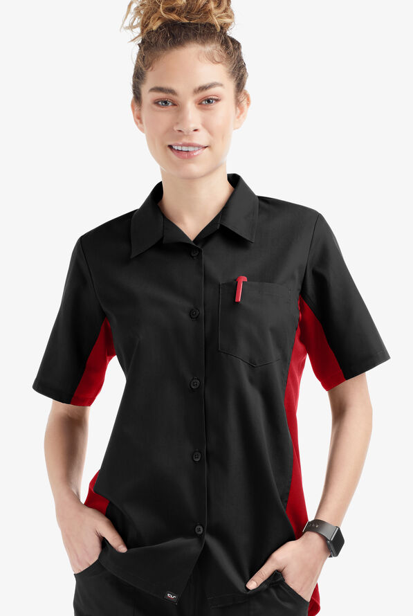 Camisa manga corta de gastronomía Versa de 65/35 poliéster/algodón con botones y 1 bolsillo para mujer - Black/Red - 1