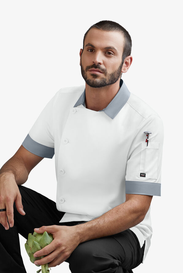 CHEF 360 Men's 3-Pocket Short Sleeve with Mesh Back Panel STRETCH Chef Coat - White/Silver - 5