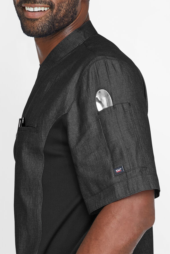 Industry Line Men's 2-Pocket Short Sleeve Chambray w/Tech Mesh Side Panels Executive Chef Coat - Black - 3
